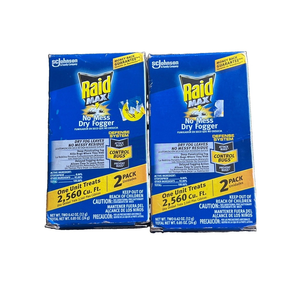 (2) RAID MAX No Mess Dry Fogger Attack/Control/Prevent Bugs 2-PACK 0.84 oz. NEW